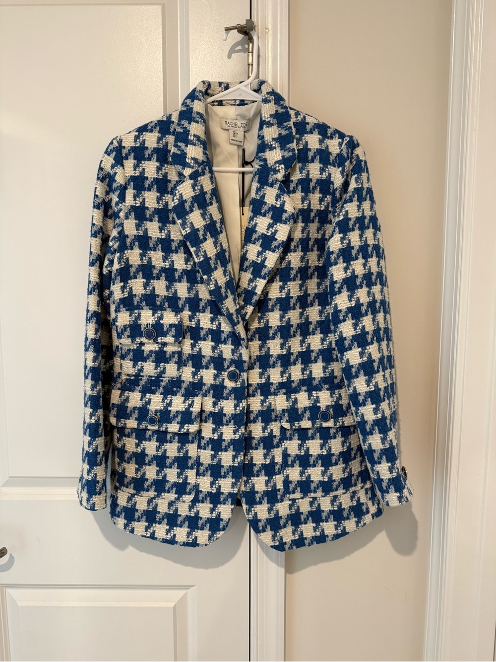Rachel Zoe Blue and White Houndstooth Tweed Blazer